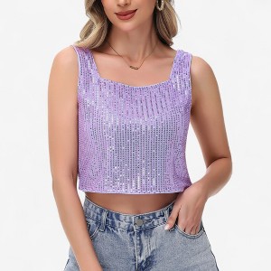 Anna-Kaci Women's Sequin Square Neck Tank Top with Sleeveless Design and Cropped Fit - 1 of 4