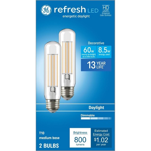 Ge 8.5w 2pk Led T10 Daylight Clear Medium Decorative Light Bulbs ...