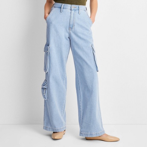 Women's Wide Leg Denim Cargo Trousers - Universal Thread™ Medium Wash 12 :  Target