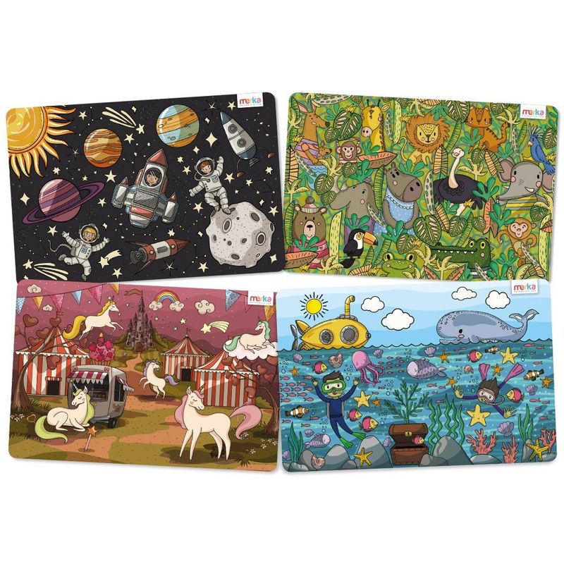 merka Kids Wipeable Plastic Placemats for Dining Table - Ocean, Space, Jungle, Unicorns for Ages 2 and Up, Set of 4, 1 of 6