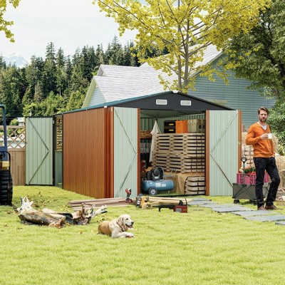 Outdoor Storage Shed 9×11FT with 3 Lockable Doors, Utility Tool Shed Metal Storage Garden Sheds 4 Vents