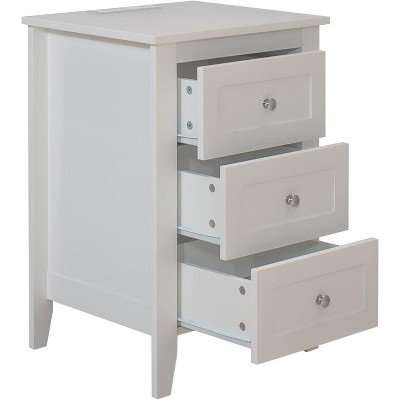 Acekool Nightstand with Charging Station, 3-Drawer White Bedside Table with USB Ports & Power Outlets, Large Storage for Bedroom and Living Room