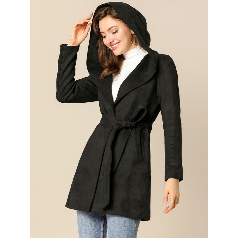 Allegra K Women's Winter Lapel Hooded Wrap Belted Long Coat with Pockets, 3 of 8