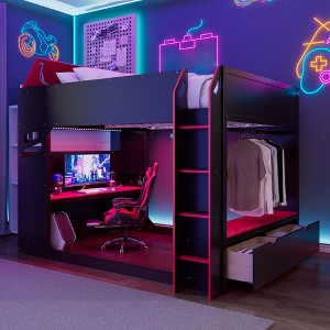 Full Size Loft Bed Gaming Bed with Height-adjustable Desk, Drawers, Storage Compartments, Hanging Rod & RGB Lights - ModernLuxe - 1 of 4