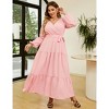 Women Plus Size V Neck Wrap Maxi Dress High Waist Ruffle Summer Casual Dress with Belt Long Sleeve,navy blue yellow flower - 4 of 4