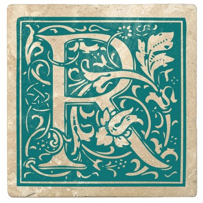 Christmas by Krebs Set of 4 Ivory and Teal Blue Alphabet "R" Square Monogram Coasters 4"