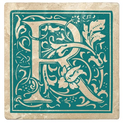 Christmas by Krebs Set of 4 Ivory and Teal Blue Alphabet "R" Square Monogram Coasters 4"