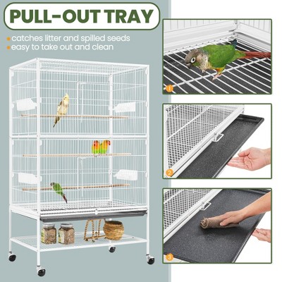 White 52'' Rolling Steel Bird Cage with Perches and Storage
