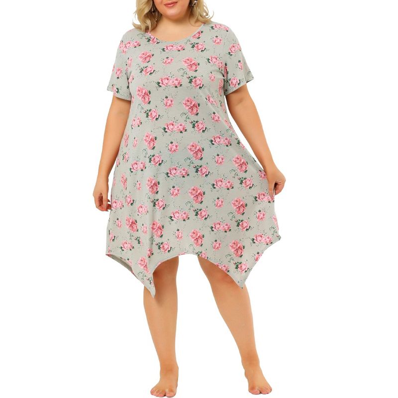 Agnes Orinda Women's Plus Size Short Sleeve Floral Cute Irregular Hem Nightgowns, 2 of 7