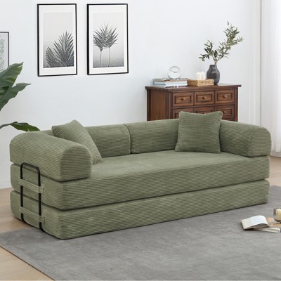 Dolonm Foldable Convertible Sofa Bed, Boneless Compression Mattress, Corduroy Sofa with Fixed Frame, Used for Living Room, Bedroom,Light Green