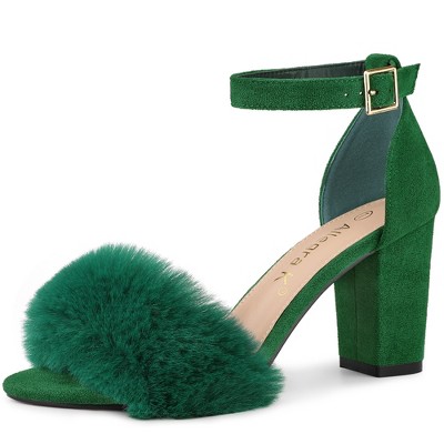 Allegra K Women's Faux Fur Buckle Closure Ankle Strap Block Heels Sandals