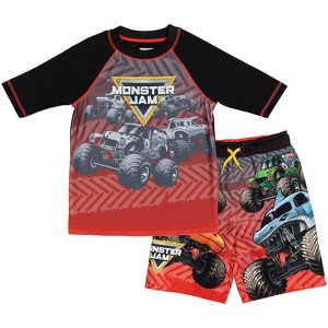 Monster Jam Grave Digger El Toro Loco Megalodon Monster Truck UPF 50+ Pullover Rash Guard and Swim Trunks Outfit Set Toddler - 1 of 4
