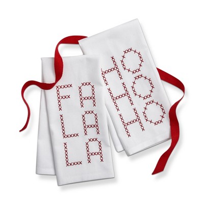 tag "Ho Ho Ho" & "Fa La La" White Red Embroidered Cross Stitch Design Set of 2 Cotton Guest Towels  22L x 16.0W