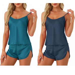 cheibear Women's Silky Camisole Top and Shorts Satin Pajamas Sets 2 Packs - 1 of 4