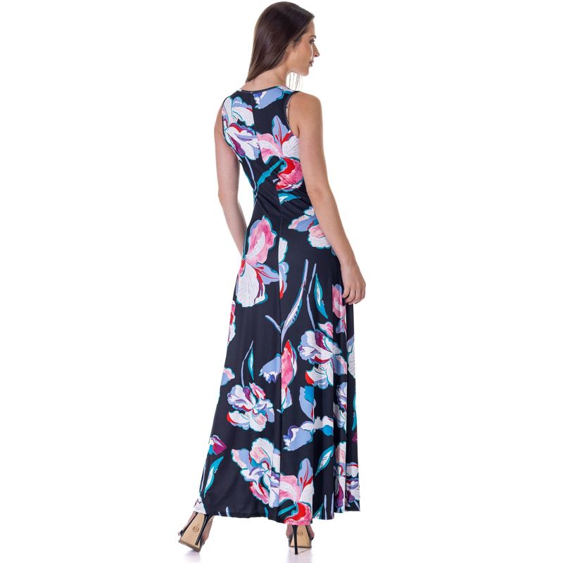 24seven Comfort Apparel Womens Black Floral Print Scoop Neck A Line Sleeveless Maxi Dress, 3 of 7
