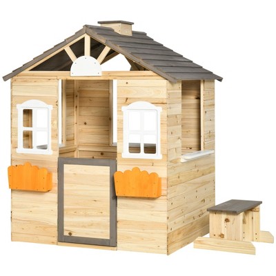 Outsunny Wooden Outdoor Playhouse with Bench and Flowerpots