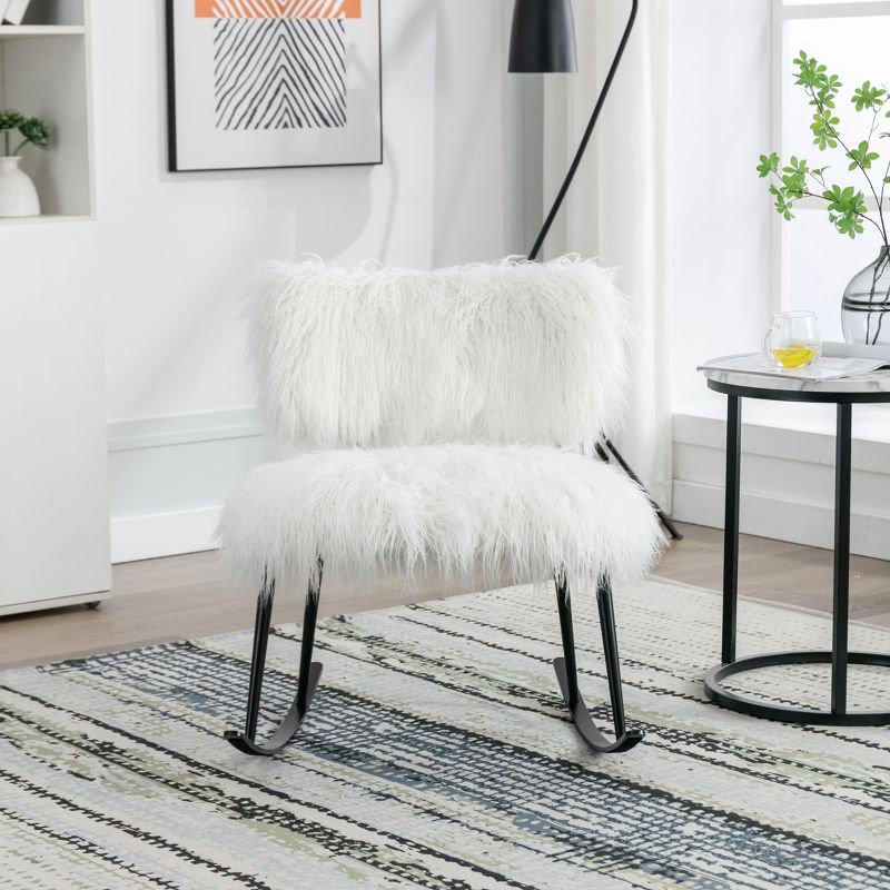 25''W Faux Fur Plush Nursery Rocking Chair, Fluffy Upholstered Accent Glider Chair with Metal Rocker-ModernLuxe, 2 of 8