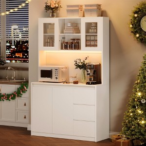 71" Tall Kitchen Pantry Cabinet with LED Lights & Power Outlets, Microwave Stand with Glass Door, Adjustable Shelves, 3 Drawers, Handless Design - 1 of 4