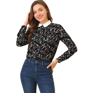 INSPIRE CHIC Women's Floral Printed Button Down Contrast Collar Full Placket Long Sleeve Work Top Blouse Shirts - 1 of 4