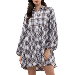 August Sky Women's Plaid Babydoll Mini Shirt Dress - 1 of 4