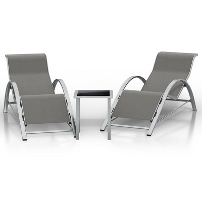 Outdoor Chaise Lounge Chairs，Portable Set of 3,Aluminum Patio Chaise Lounge 2 Chair Set with Table, for Poolside, Garden, and Beach (Black)