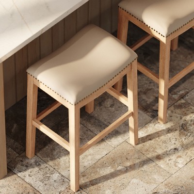 Weathered Oak Backless Saddle Barstool with Vegan Leather Seat