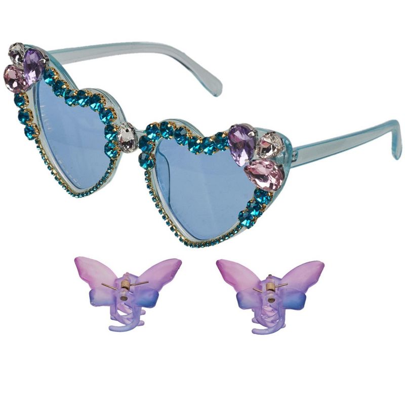 Willow & Ruby Kid's Fun Sunglasses with Hair Clip Set for Girls - Sunnies & Claws in Blue Heart & Butterfly Hair Clips, 4 of 6