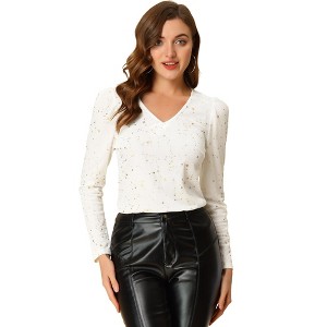 INSPIRE CHIC Women's Velvet V-Neck Long Sleeve Gilding Metallic Shiny Stars Blouse - 1 of 4