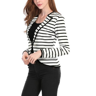 INSPIRE CHIC Women's Regular Fit Notched Lapel Button Decor Striped Blazer Medium Black White — фото 3