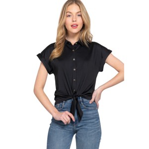 Slickblue Women's Short Sleeve Front Tie Top, Stretch ITY Fabric, Casual to Dressy Style, Black/Purple, Size S-L - 1 of 4