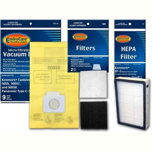 Kenmore Canister Type C or Q 50555, 50558, 50557 and Panasonic Type C-5 9 Bags and 1 EF-2 HEPA Filter, and 2 CF-1 Filters - 1 of 4