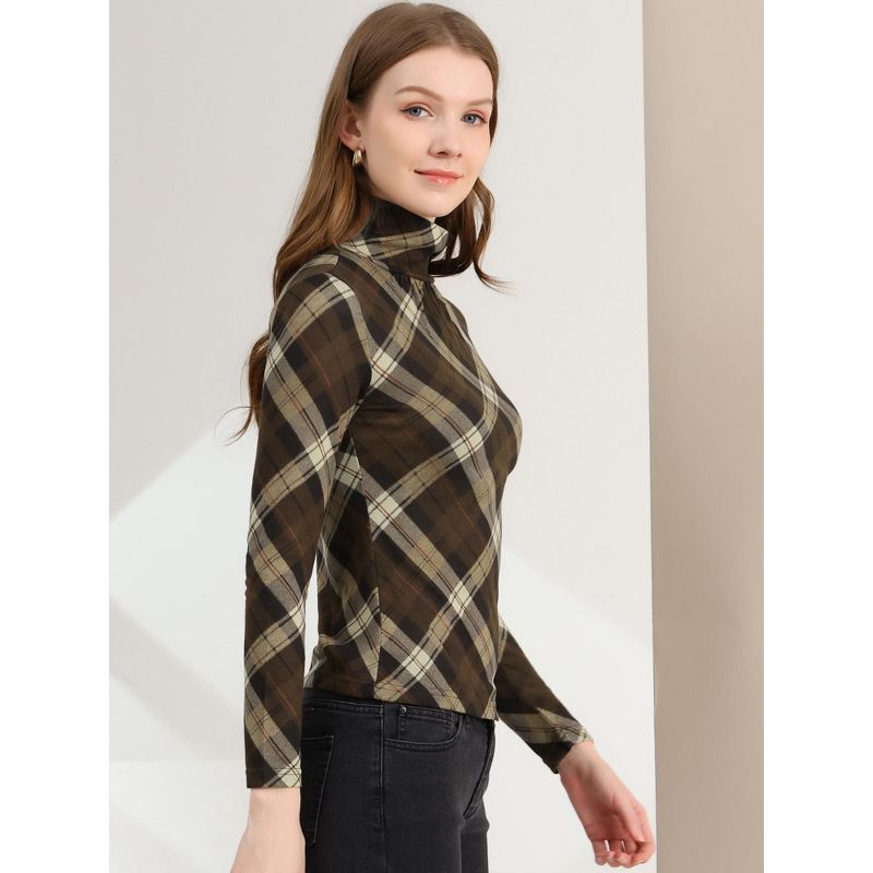 Allegra K Women's Long Sleeve Pleated Front Turtleneck Stretch Slim Plaid Blouse, 5 of 7