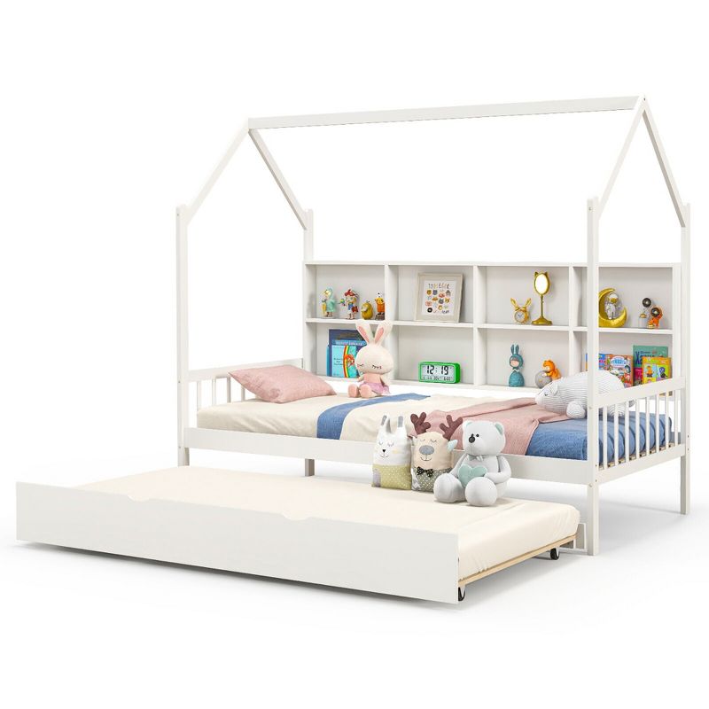 Tangkula Twin House Daybed with Trundle Wooden Bed 8 Storage Shelf Compartments White, 4 of 10