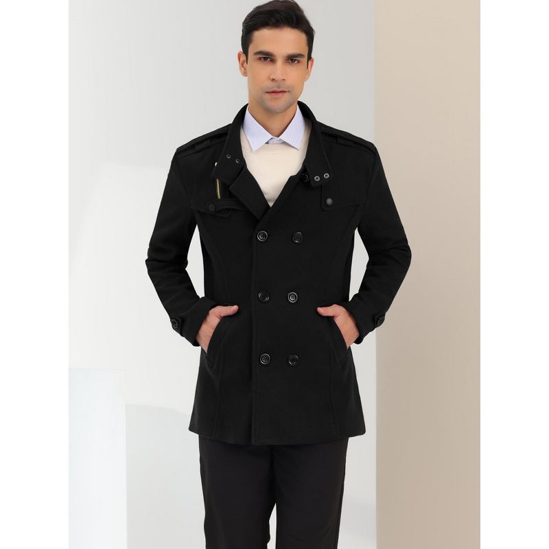 Lars Amadeus Men's Winter Stand Collar Double Breasted Notch Lapel Pea Coats, 2 of 7