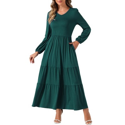 INSPIRE CHIC Women's Tiered Crewneck Long Sleeve Maxi Casual A-Line Dress with Pockets