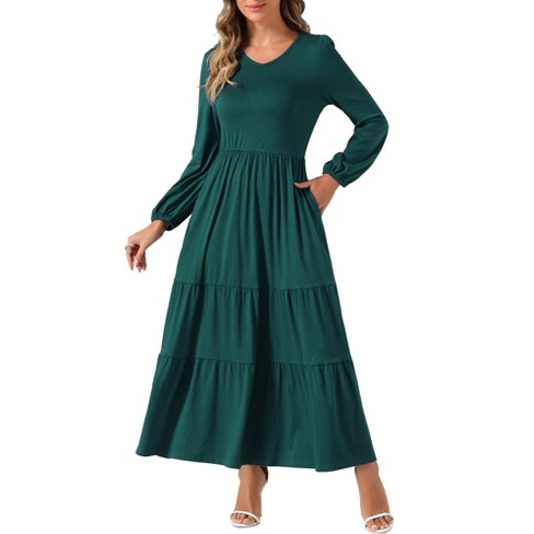 KLWCJFFF Women's Long Sleeve Midi Dress - Crewneck A-Line Tiered Dress With Pockets, Fall 2024 Casual Dress
