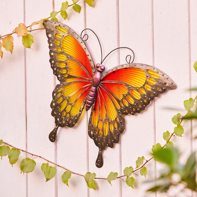LuxenHome Orange and Yellow Butterfly Metal and Glass Outdoor Wall Decor, 2 of 7