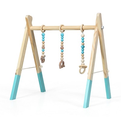 Image of Foldable Wooden Baby Gym with 3 Wooden Baby Teething Toys Hanging Bar Green