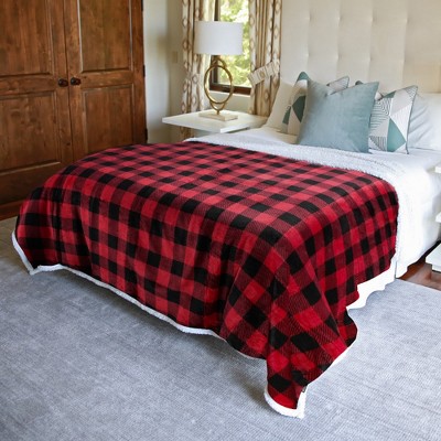 Catalonia Red Plaid Sherpa Fleece Reversible Throw Blanket, 60"x80"