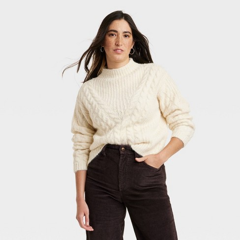 Women's Cable Mock Turtleneck Pullover Sweater - Universal Thread™ Cream S  : Target