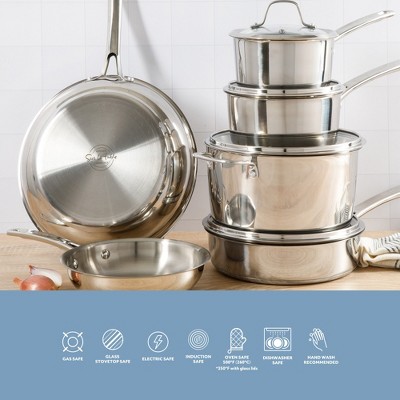 Sur La Table Kitchen Essentials Chef's Deck 10 Piece Stainless Steel Non Toxic Pots and Pans Kitchen Cookware Set w/Triply Encapsulated Base - Induction Safe - Thumbnail 5