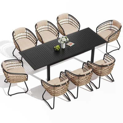 Crestlive Products 9pc Patio Expandable Dining Set Aluminum Outdoor Rectangular Table for 6 to 8 with chairs