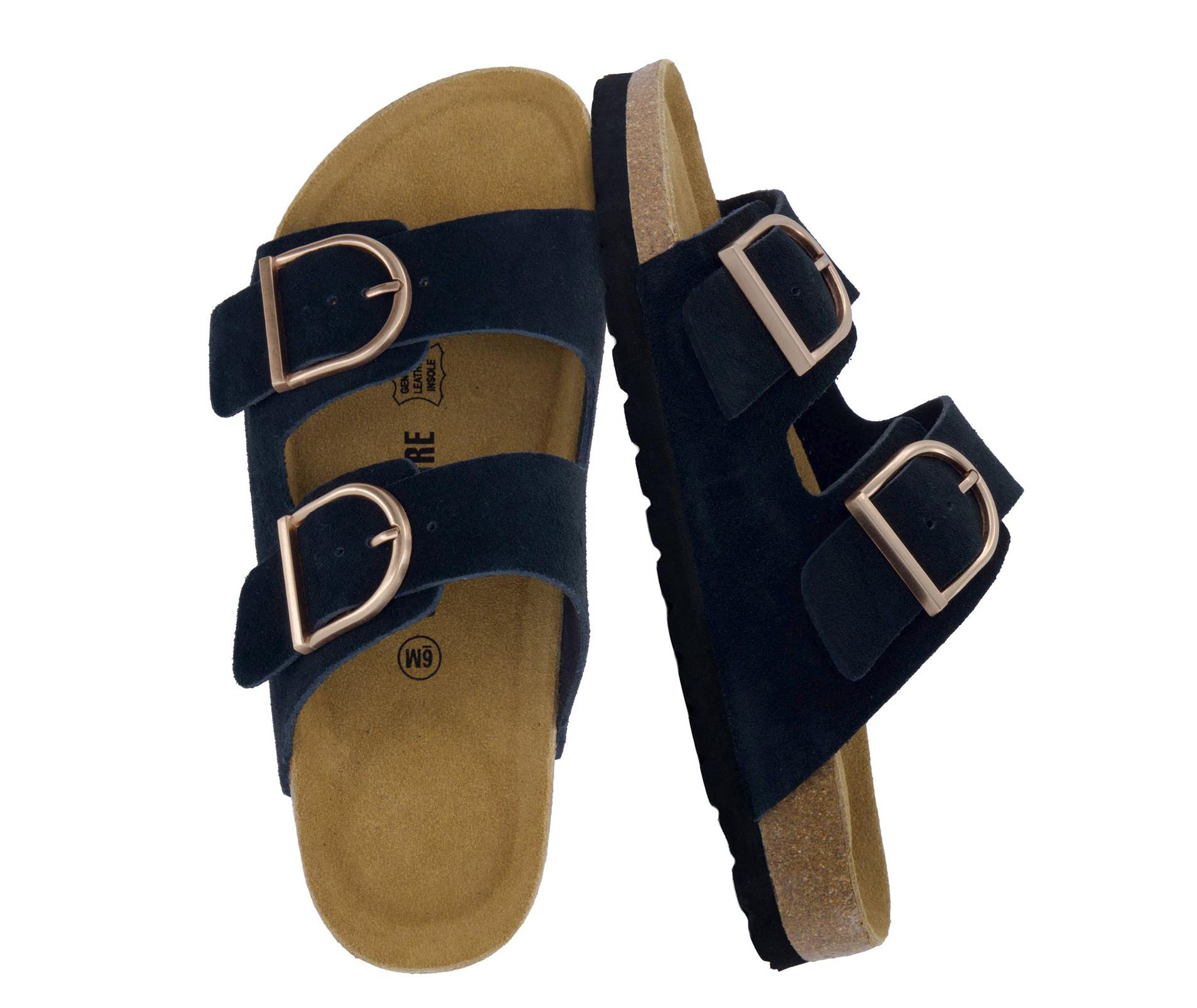 CUSHIONAIRE Legacy Cork Footbed Sandals for Women – Leather Double Strap Slides with Adjustable Buckles + Memory Foam