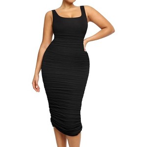 SHAPELLX Shaper Dress Ruched Bodycon Dress for Women Built-in 360° Tank Top Casual Party Club Midi Dresses—Black 38 - 1 of 3