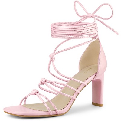 Allegra K Women's Square Toe Lace Up Strappy Chunky High Heels Sandals