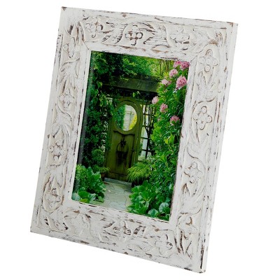 15"x13" Mango Wood Floral Handmade Intricate Carved 1 Slot Photo Frame White - Olivia & May