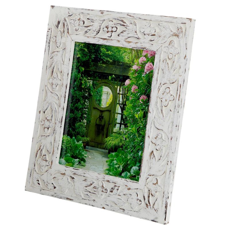 15&#34;x13&#34; Mango Wood Floral Handmade Intricate Carved 1 Slot Photo Frame White - Olivia &#38; May, 1 of 8