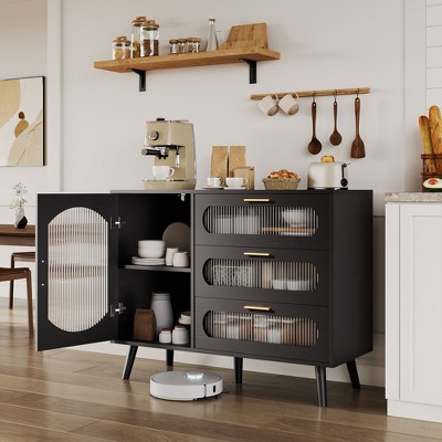 Buffet Cabinet with Storage, Sideboard Cabinet with Fluted Glass Door and drawers, Black Sideboard for Kitchen, Dining Room, Living Room