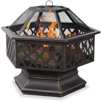 Endless Summer Wood Burning Hexagon Outdoor Fire Pit with Lattice Design Brown