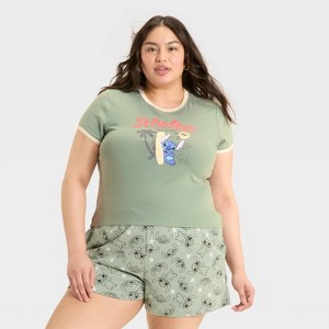 Women's Stitch Short Sleeve Graphic Baby T-Shirt - Green - 1 of 3